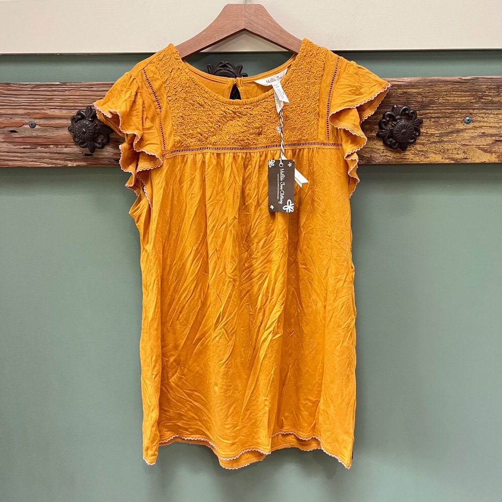Matilda Jane Womens Smocked Ruffle Sleeve Blouse Mustard Yellow XS New